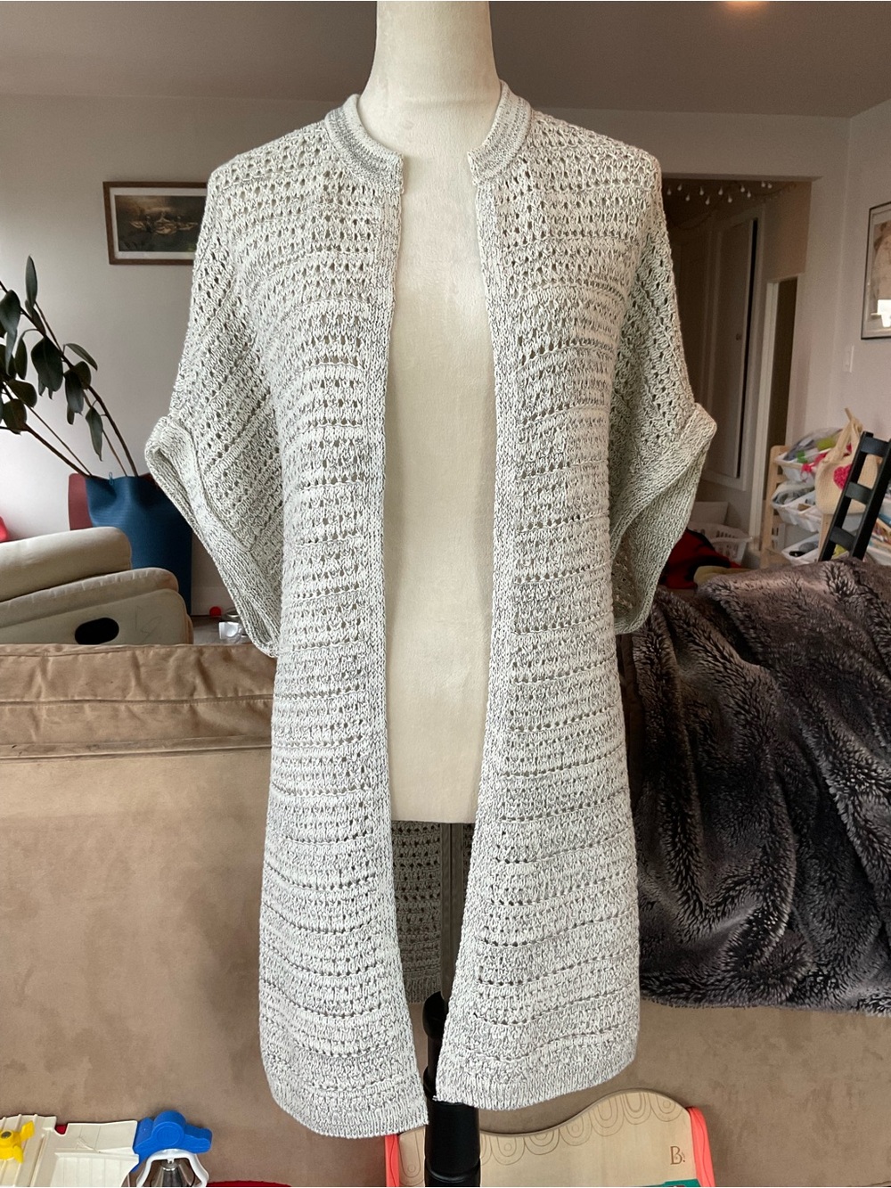 🌼 J. Jill Open-Knit Women's Cardigan Light‎ Cream Cotton Blend XL Quiet Luxury